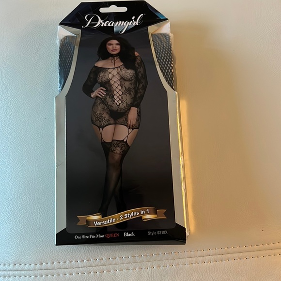 Dreamgirl Women's Plus Lace Patterned Knit Garter Dress with Stockings Black - Picture 4 of 11